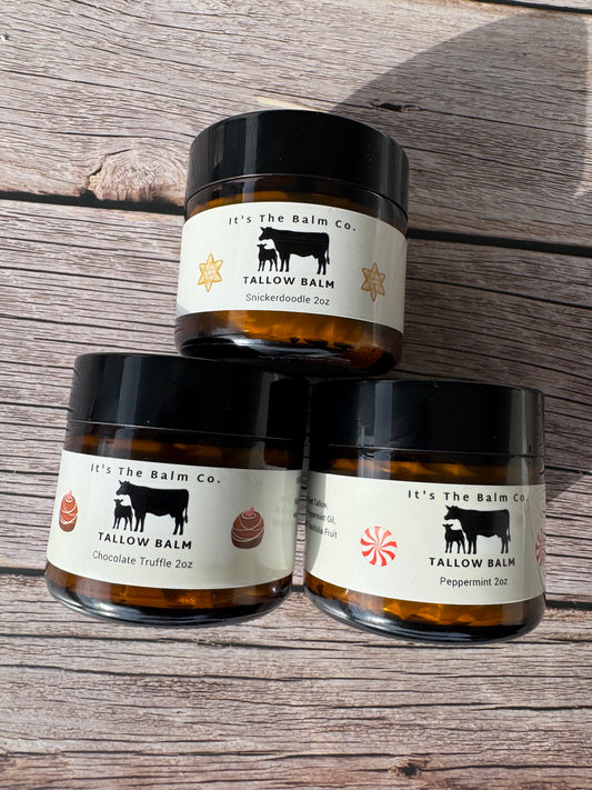 6oz - TRES DULCES TRIO - (2oz WHIPPED PEPPERMINT TALLOW BALM, 2oz WHIPPED CHOCOLATE TRUFFLE TALLOW BALM, 2oz WHIPPED SNICKERDOODLE TALLOW BALM)